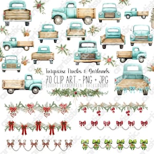 Clipart de camión turquesa: camiones agrícolas antiguos con guirnalda navideña, envoltorio de taza, decoración de fiesta y arte para baby shower PNG