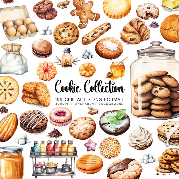 Cookie Clipart Bundle Set, Watercolor PNG/JPG, Transparent Background, DIY Sublimation, Foodie Clipart Graphics