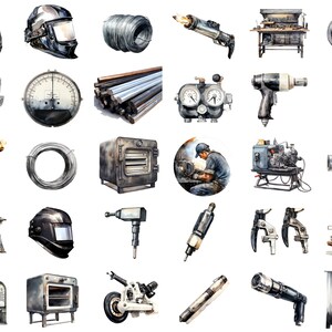 Detailed welding-themed clipart arranged horizontally and vertically on a white background. Showcasing the versatility of the industrial tool collection