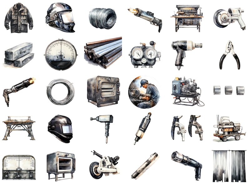 Detailed welding-themed clipart arranged horizontally and vertically on a white background. Showcasing the versatility of the industrial tool collection