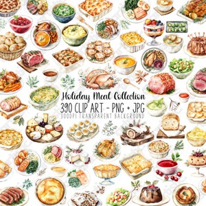 Christmas Menu Clipart - Watercolour Holiday Dinner PNGs, Food Christmas Printable, Yule Log, Herb Clipart, Cornbread, Deviled Eggs