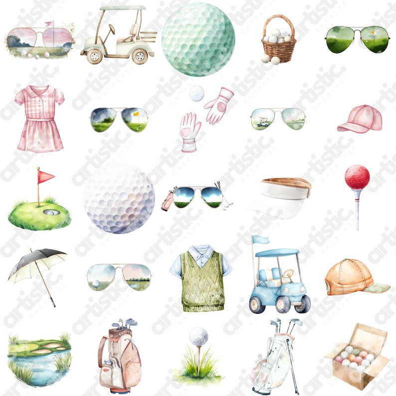 High-quality golf PNG set with watercolor golf course and golfing elements