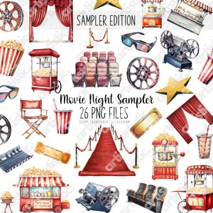 Movie Night png Clipart  - Watercolor Movie Prints, 26 PNG Image Files, Cinema Decor, Perfect for Movie Nights, Scrapbooking