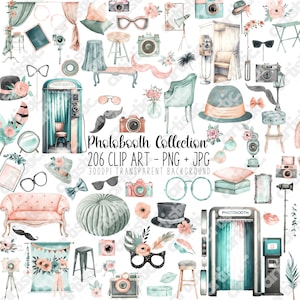 Raccolta di clipart di macchine fotografiche, macchine fotografiche e oggetti di scena ad acquerello, pacchetto di stampe artistiche da parete, PNG, colori verde acqua e rosa, regalo per fotografi