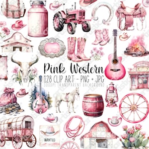 Paquete de imágenes prediseñadas occidentales en color rosa, sombrero de vaquera, botas, decoración occidental en acuarela, boda campestre, invitación de rodeo, diseños de sublimación con temática rosa