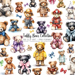 Bundle de cliparts ours en peluche, aquarelles Clipart Teddy Designs, Art de la sublimation pour baby shower, scrapbooking numérique, garçon fille, PNG/JPG