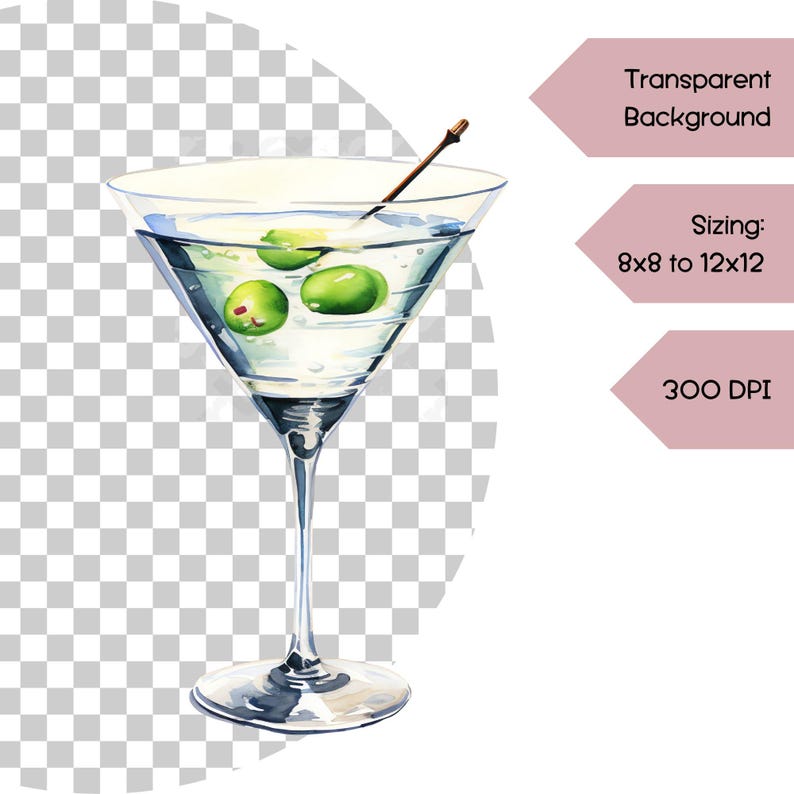 Additional preview of a martini PNG image, with checkerboard to confirm transparency and sizing detail noted on screen.
