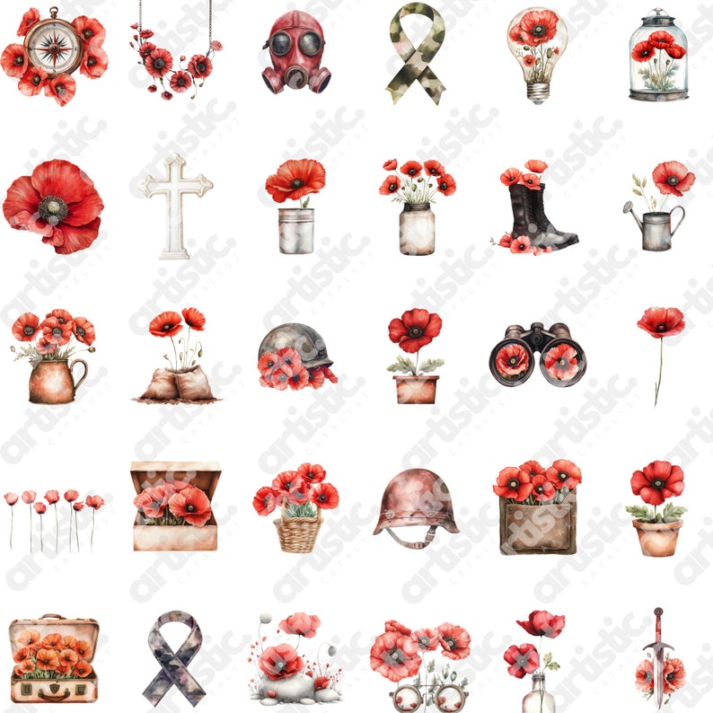 Poppy Flower Remembrance Day Clipart, Watercolor Poppy Illustration