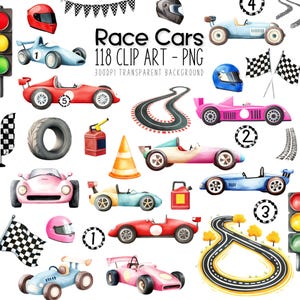 Raceauto-clipartbundel - twee 2 snelle ontwerpen voor auto-themafeest, decor racewagens, formule 1-auto's, retro racen, raceautoverjaardag, verjaardag, raceauto png