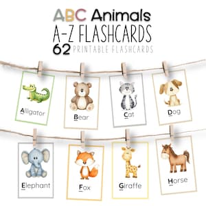 Cartes d'animaux à imprimer, outils d'étude ABC, PDF d'apprentissage Montessori, ensemble assorti de A à Z, affiche alphabet pour enfants d'âge préscolaire et tout-petits