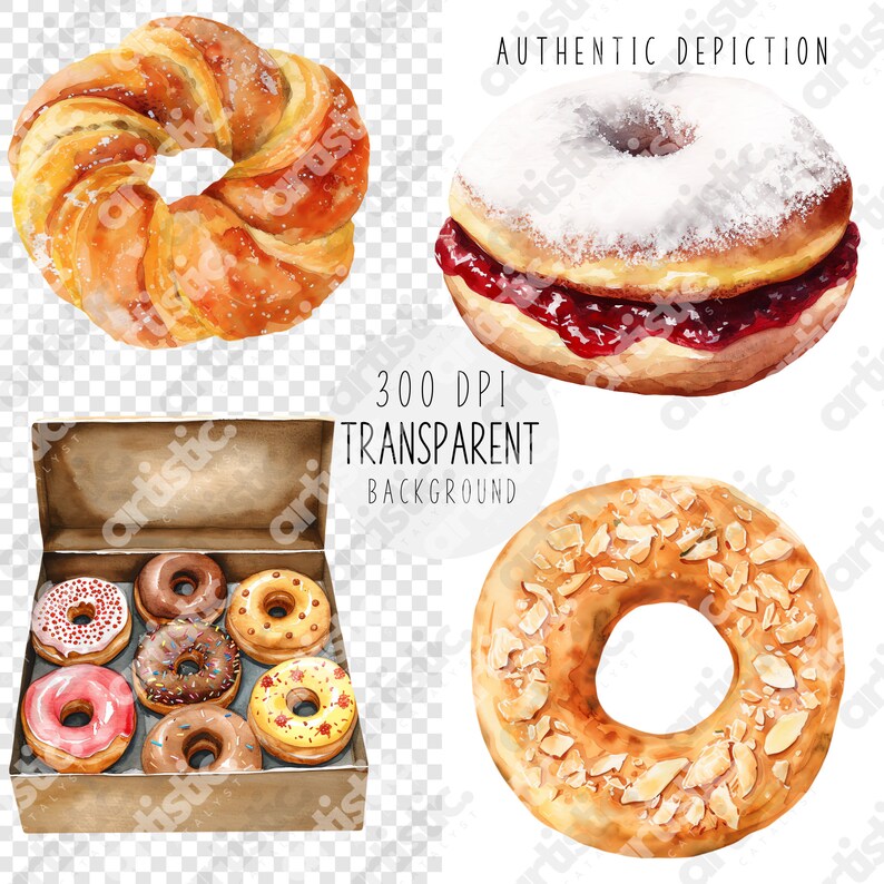 High-resolution clipart of glazed and sugar-coated donuts with a transparent background.