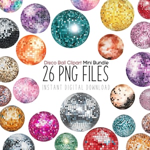 Paquete de imágenes prediseñadas de acuarela de bola de discoteca: 26 imágenes PNG de bola de espejos