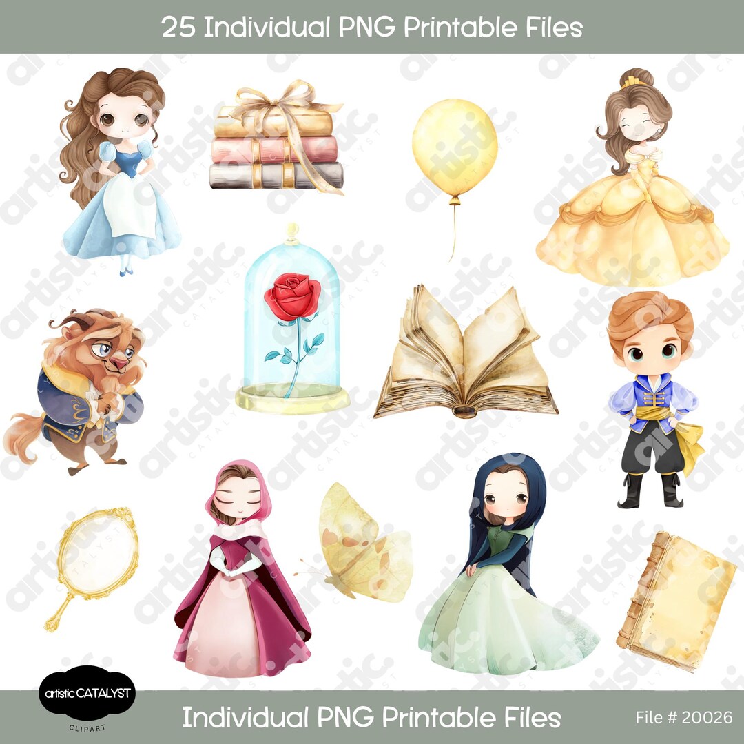 Beauty and the Beast Clipart Bundle: Watercolor Princess Party Designs ...