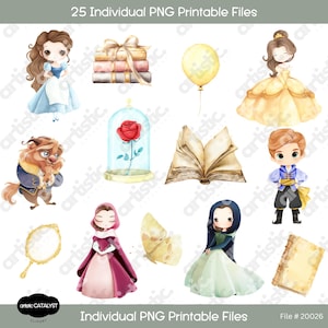 Pacchetto di clipart PNG de La bella e la bestia, clip art acquerello per feste di principesse, castello delle fiabe, design per bambini per decorazioni magiche o sublimazione
