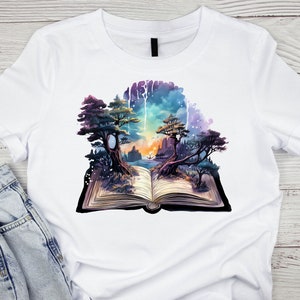 Artfully arranged individual story books themed clipart images on a white mockup T-shirt , highlighting the unique design element and rich, watercolor texture
