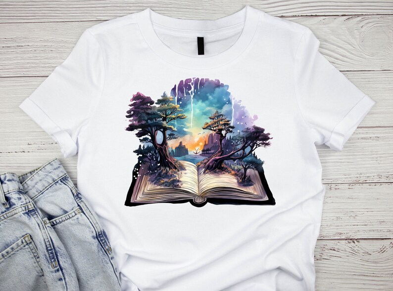 Artfully arranged individual story books themed clipart images on a white mockup T-shirt , highlighting the unique design element and rich, watercolor texture