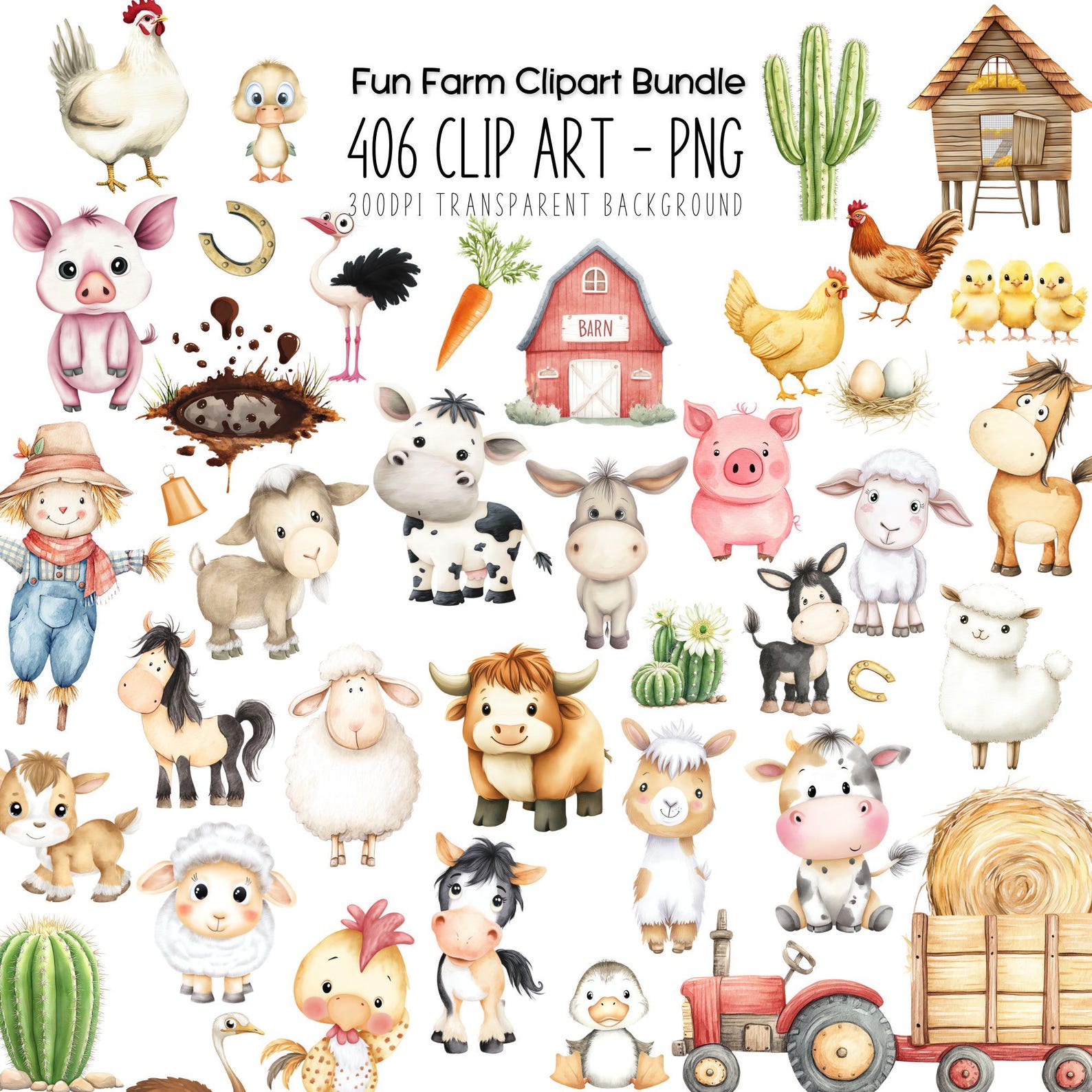Watercolor Farm Animal Clipart Bundle: Country Nursery Decor (PNG) - Etsy