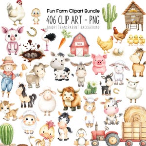 Paquete de imágenes prediseñadas de animales de granja en acuarela, burro tonto de campo de granja, caballo divertido, perfecto para impresiones de decoración de cabañas y guarderías lindas.