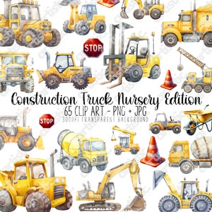 Construction Truck Nursery Decor Clipart | Watercolor Vehicles | Baby Boy Nursery | Diggers | Dump Truck | Crane, Birthday Invitation