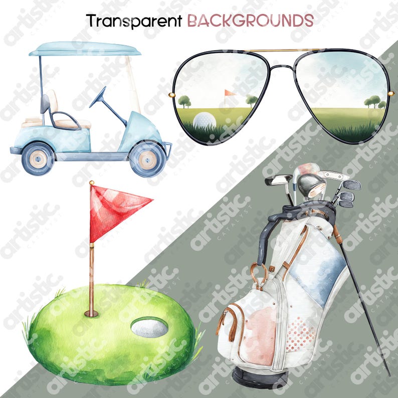 Vibrant golf cart clipart and golf course illustrations in watercolor PNG format