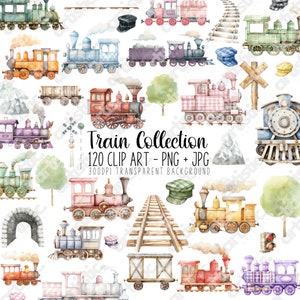 Train Clipart Bundle with 120 Nursery Art Locomotive Images, Perfect for Cutecore png Train à vapeur art mural, cartes d'anniversaire et baby shower