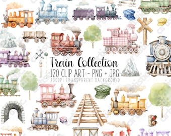 Zug Clipart-Bundle: 120 Aquarell Lokomotiven Bilder (PNG, JPG)