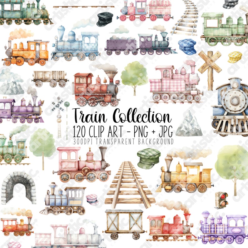Colorful nursery art train clipart in shades of green, blue, and red, perfect for educational and decorative use.