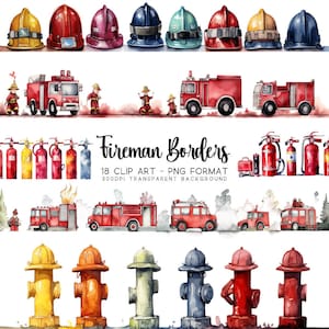 Camion de pompier Clipart frontières pompier PNG/JPG ensemble, scrapbooking numérique, lot d'art par sublimation, clipart aquarelle, dessins de chambre d'enfant