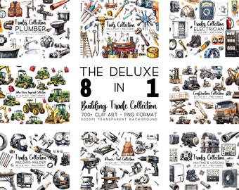 Clipart Bundle PNG, 8 in 1 Collection, Building Trade Tools Bundle Clip art Graphic Set, Watercolor images perfect for your creative gifts