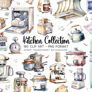 Paquete de imágenes prediseñadas de cocina, acuarela PNG/JPG, fondo transparente, sublimaciones de bricolaje, 180 gráficos de decoración