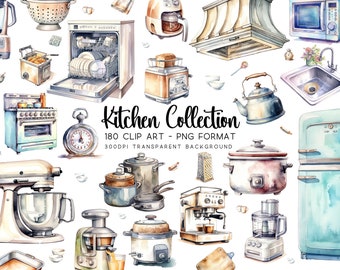 Kitchen Clipart Bundle, Watercolor PNG/JPG, Transparent Background, DIY Sublimations, 180 Decor Graphics