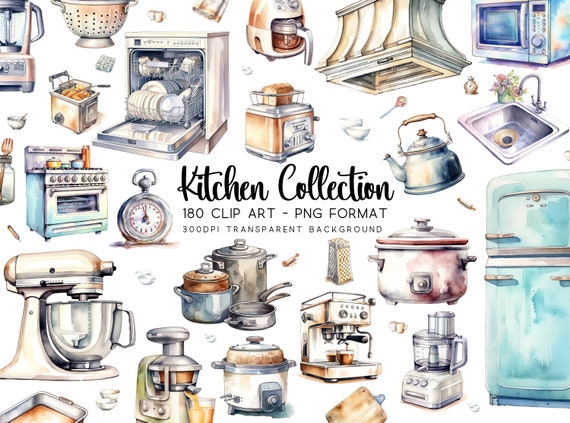 Kitchen Clipart Bundle, Watercolor PNG/JPG, Transparent Background, DIY Sublimations, 180 Decor Graphics