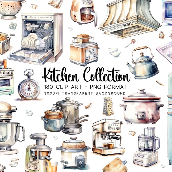 Kitchen Clipart Bundle, Watercolor PNG/JPG, Transparent Background, DIY Sublimations, 180 Decor Graphics