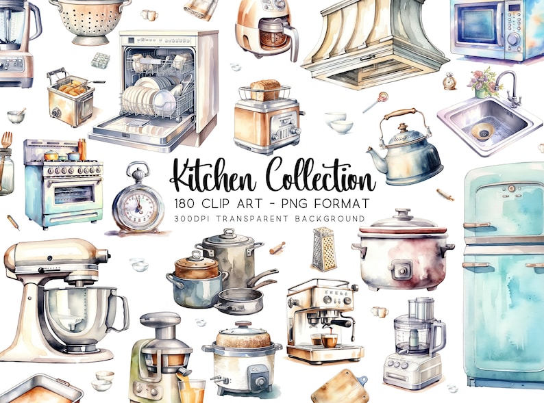 Main thumbnail showing an evenly spaced collage of all the 180 kitchen-themed watercolour clipart images on a white background, showcasing the vibrant, detailed, and diverse designs