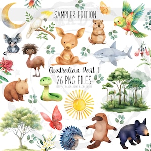 Niedliches australisches Clipart Bundle - 26 Aquarell PNG, Kinderzimmer Dekor, Baby Tier Kunst, Aussie Wildtiere