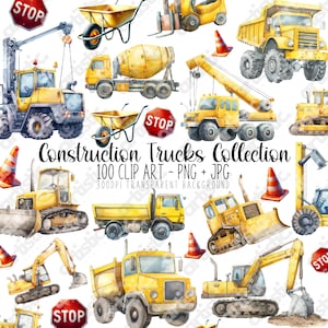 Construction Truck Clipart Bundle | Watercolor Construction Vehicles PNG | Cement Mixer, Forklift | Construction Birthday Invitation