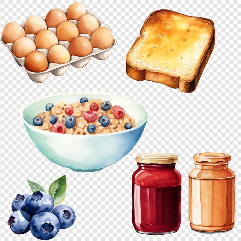 Aesthetically pleasing arrangement of Cereal Image jpg and Coffee Tea Clipart on a white backdrop, emphasizing the intricate Bacon Graphics and Watercolour Clipart elements.
