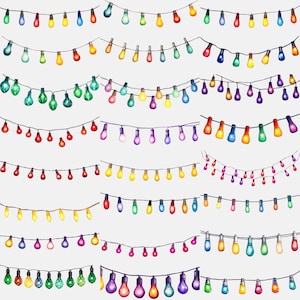 Transparent String of Lights clipart collection on gray checkered background, showcasing intricate designs.