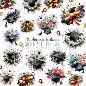 Puede incluir: Un conjunto de 50 imágenes de clip art de graduación con gorros de graduación negros y explosiones de acuarela de colores. Las imágenes son de 300 DPI y tienen un fondo transparente. El texto "Graduation Explosion 50 Clip Art - PNG + JPG 300DPI Transparent Background" está incluido en la imagen.