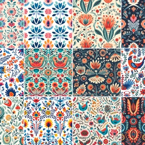 Folk Art Shape Inspired Seamless Pattern Design - Set of 12 Digital Patterns in Neutral Tones, showing all 12 complete seamless pattern designs