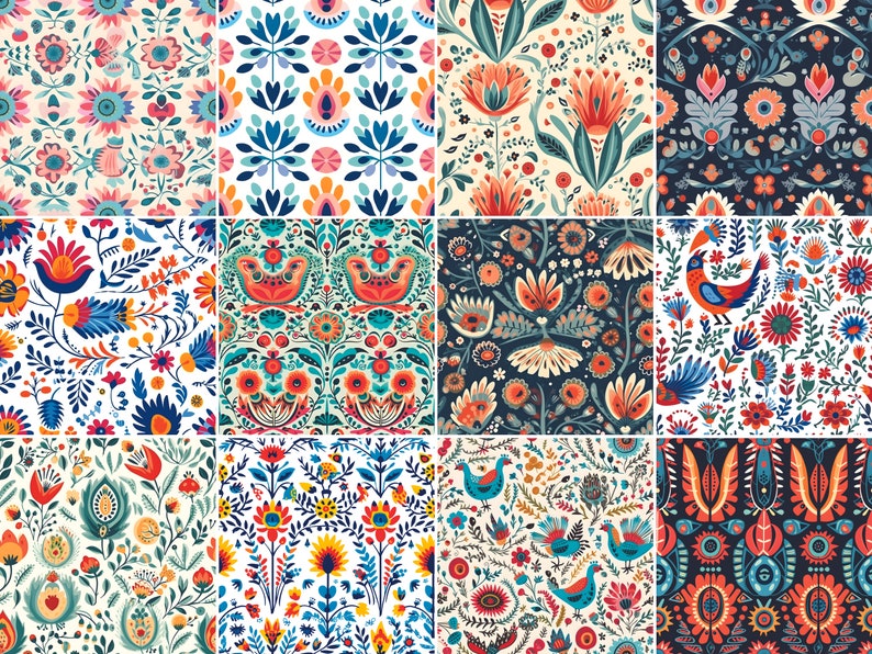 Folk Art Shape Inspired Seamless Pattern Design - Set of 12 Digital Patterns in Neutral Tones, showing all 12 complete seamless pattern designs