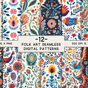 Folk Art Shape inspired Seamless Digital Pattern Design in Neutral Tones - showing the 12 Seamless Patterns in 300dpi, CMKY color and 12 x 12 digital paper