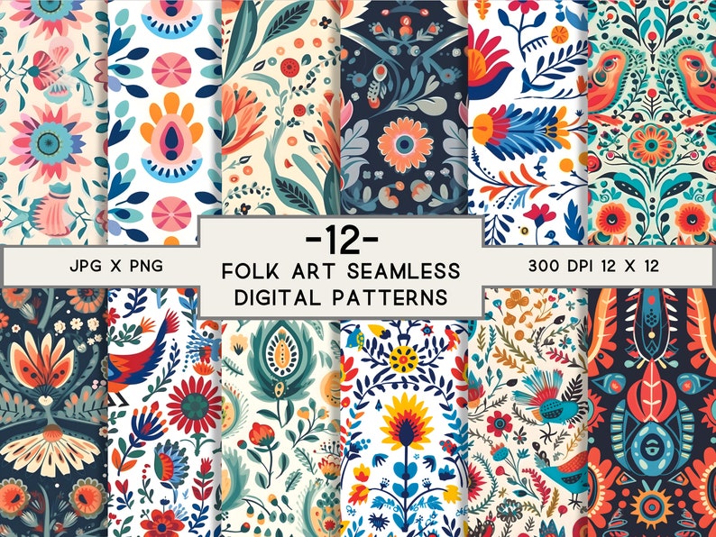 Folk Art Shape inspired Seamless Digital Pattern Design in Neutral Tones - showing the 12 Seamless Patterns in 300dpi, CMKY color and 12 x 12 digital paper