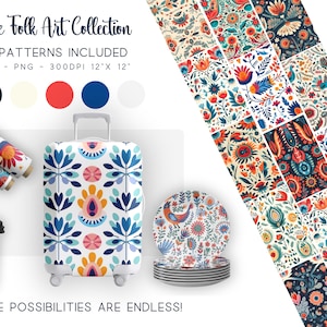 May include: A collection of 12 folk art patterns featuring colourful floral designs. The patterns are shown on a suitcase, coffee cup, and plates. The text "The Folk Art Collection" and "12 Patterns Included" is displayed at the top of the image. The text "JPG - PNG - 300DPI 12"X 12" is also displayed. The text "THE POSSIBILITIES ARE ENDLESS!" is displayed at the bottom of the image.