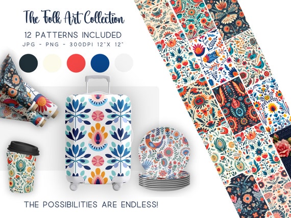 Folk Art Seamless Patterns: Floral Surface Design (JPG & PNG)