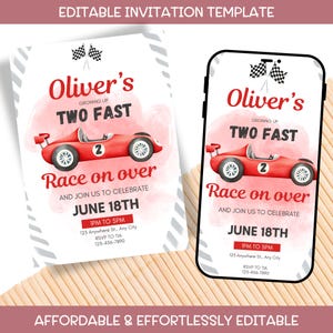 Rode raceauto uitnodigingssjabloon bewerkbare digitale twee snelle tweede verjaardag Speed Racing Party DIY Canva afdrukbare
