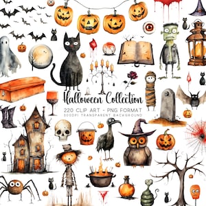Ensemble de cliparts Halloween : 230 cliparts aquarelle PNG/JPG, décoration d'Halloween, art de la sublimation, clipart sorcière, graphiques de chat noir
