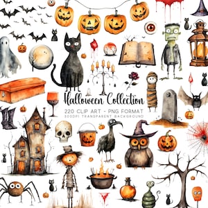 Halloween Clipart Bundle Set: 230 Watercolour Clipart PNG/JPG, Halloween Decoration, Sublimation Art, Witch Clip art, Black Cat Graphics