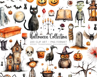 Halloween Clipart Bundle Set: 230 Watercolour Clipart PNG/JPG, Halloween Decoration, Sublimation Art, Witch Clip art, Black Cat Graphics