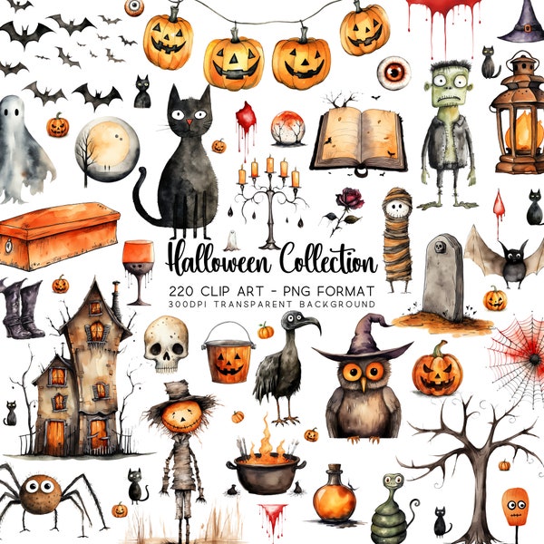 Halloween Clipart Bundle Set: 230 Watercolour Clipart PNG/JPG, Halloween Decoration, Sublimation Art, Witch Clip art, Black Cat Graphics